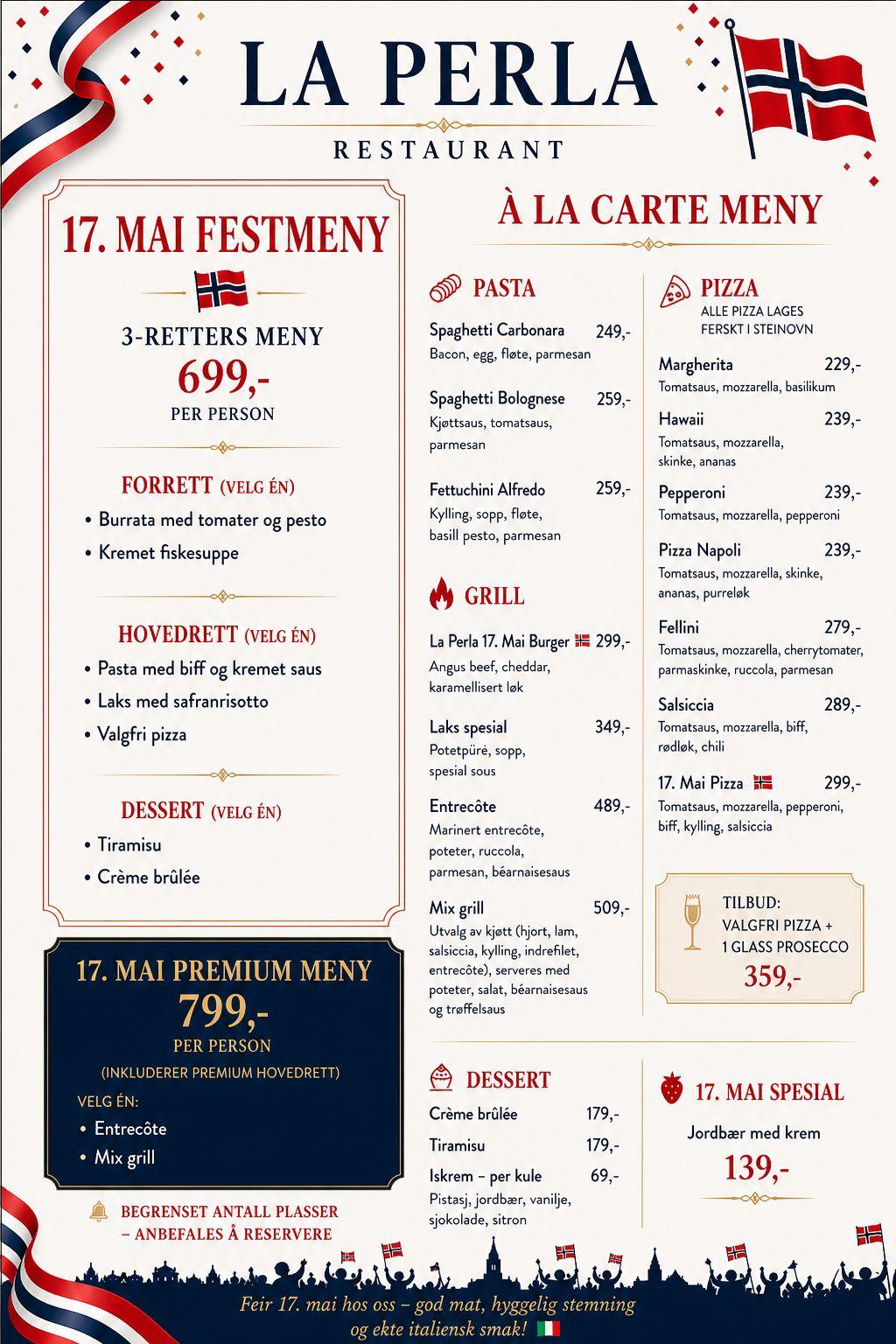 17. mai meny La Perla Restaurant